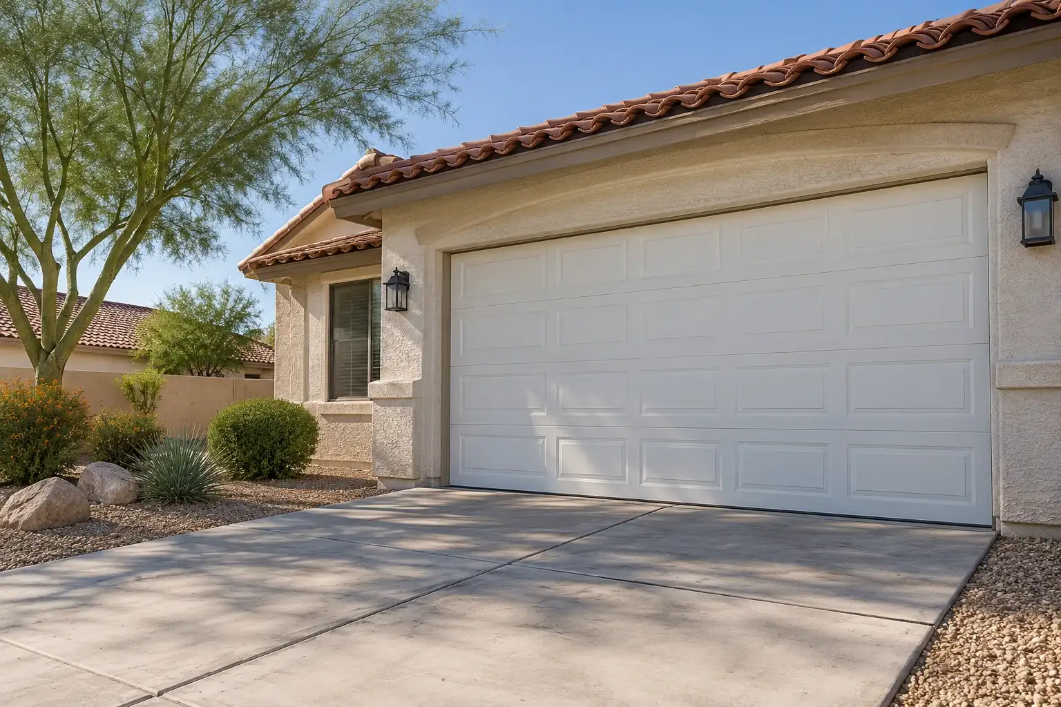 Cream stucco home with a red tile roof and a white two car garage door
