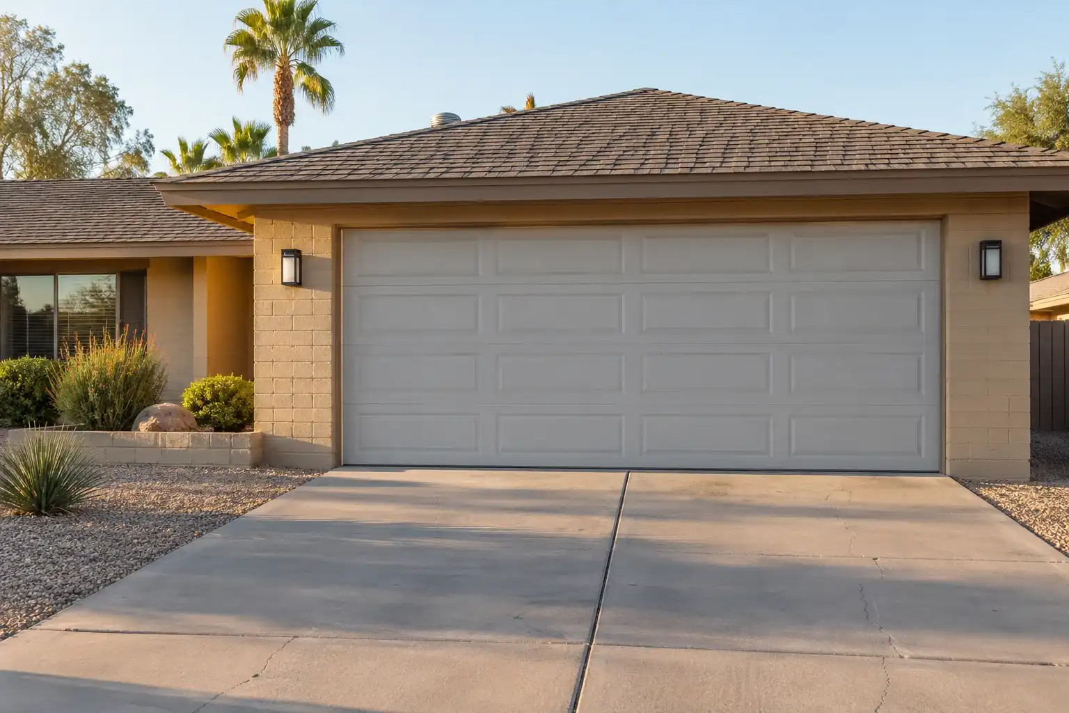 Ranch house with a low shingle roof and a pale gray two car garage door seen straight on