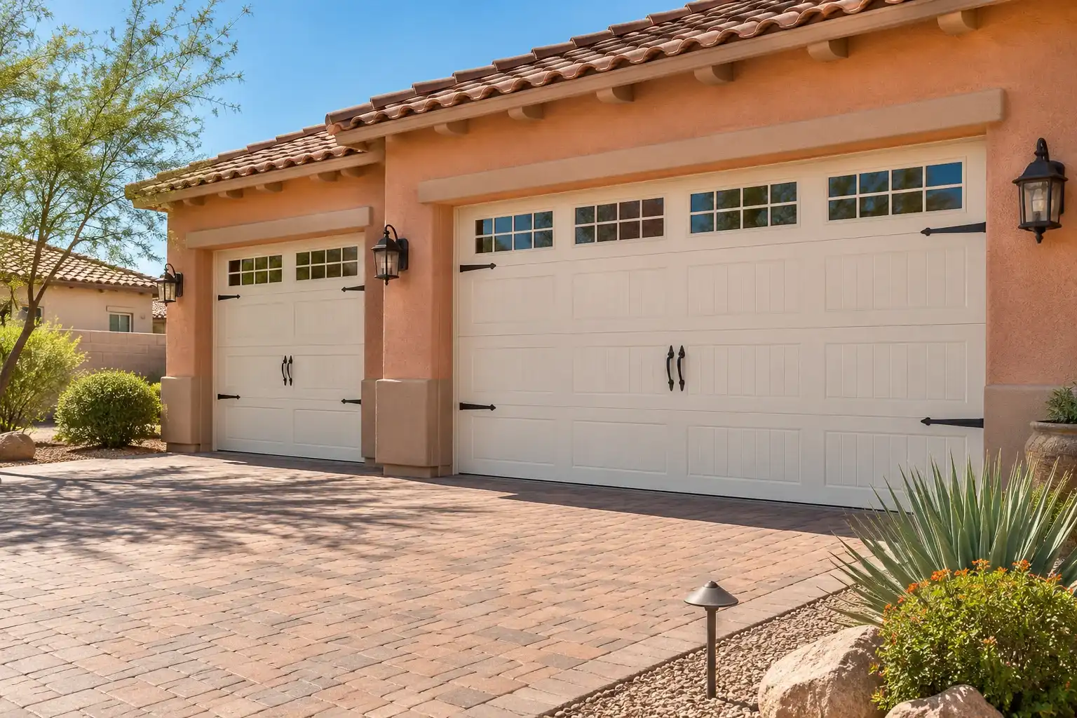 Peach stucco home with 2 cream carriage style garage doors over a paver driveway
