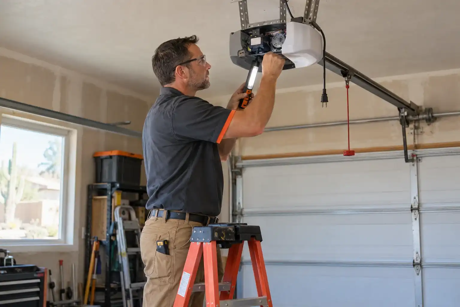 Technician on a stepladder checking a garage door opener on the ceiling