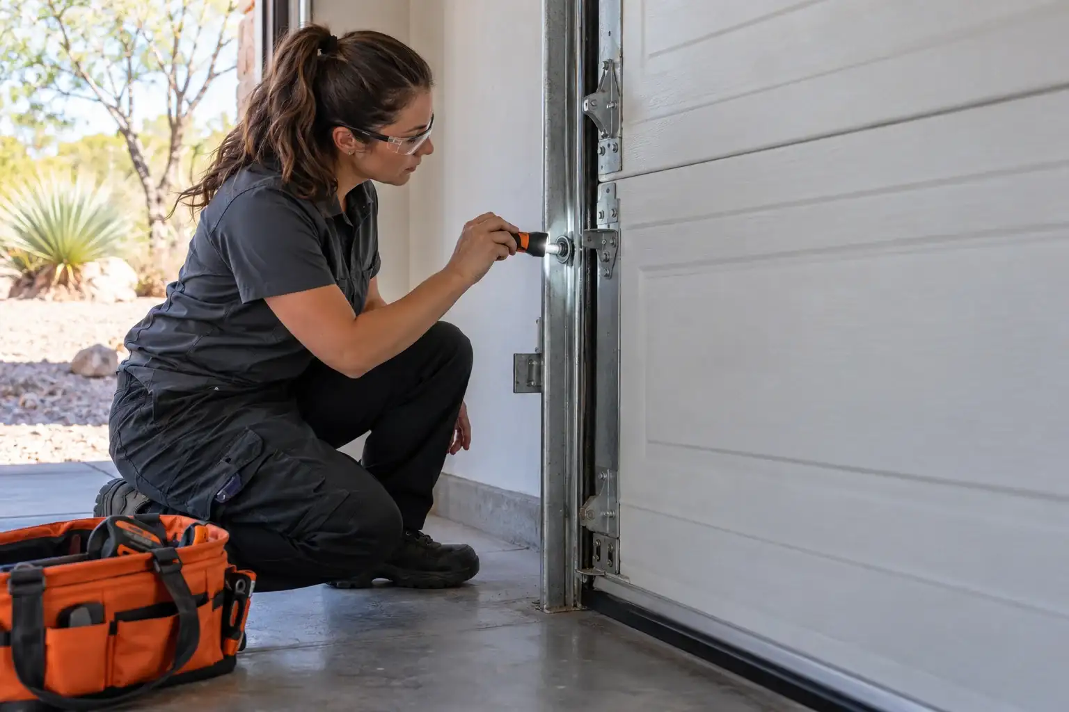 Technician kneeling beside the roller track of a closed white garage door