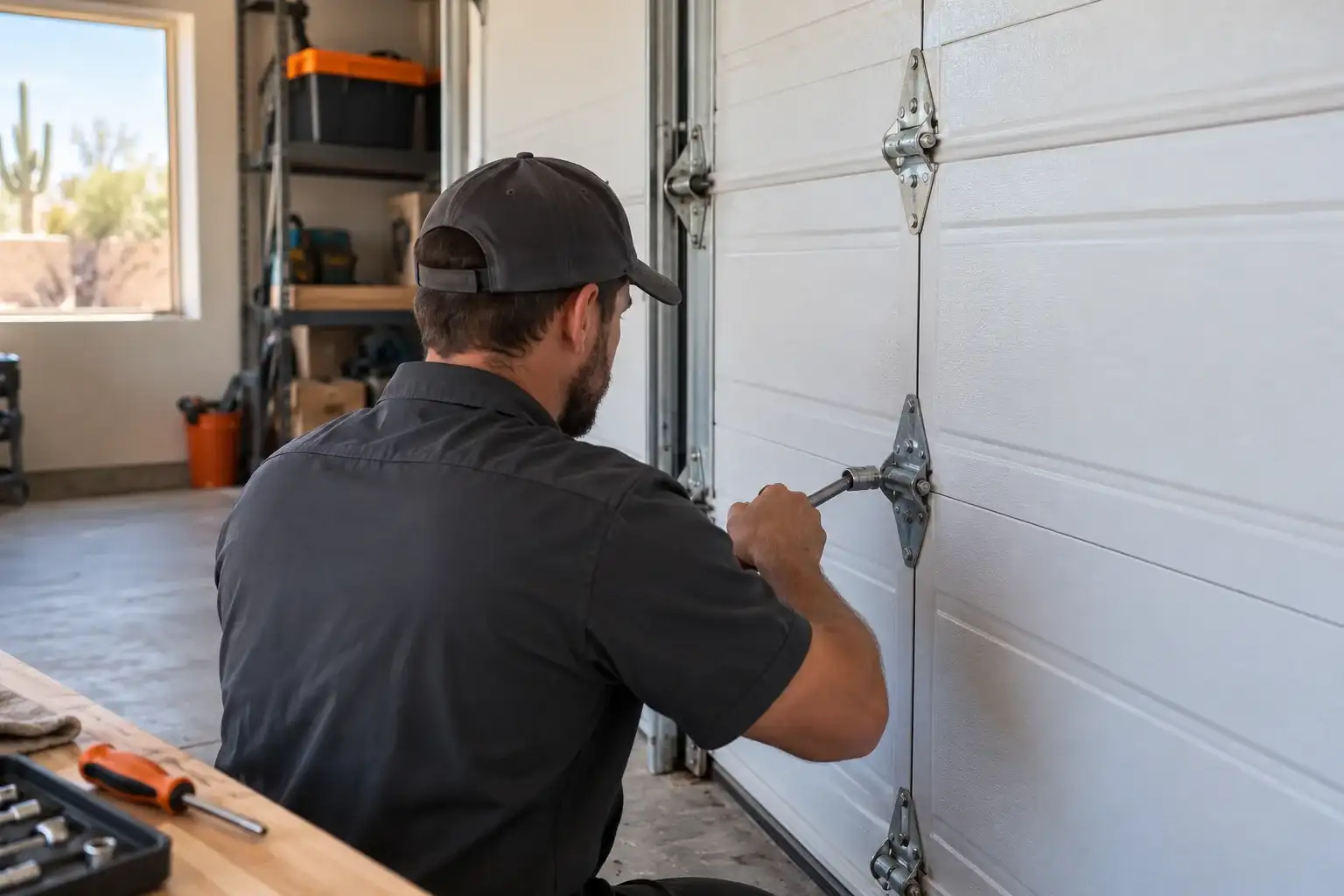 Technician tightening a hinge on a white garage door, seen over the shoulder