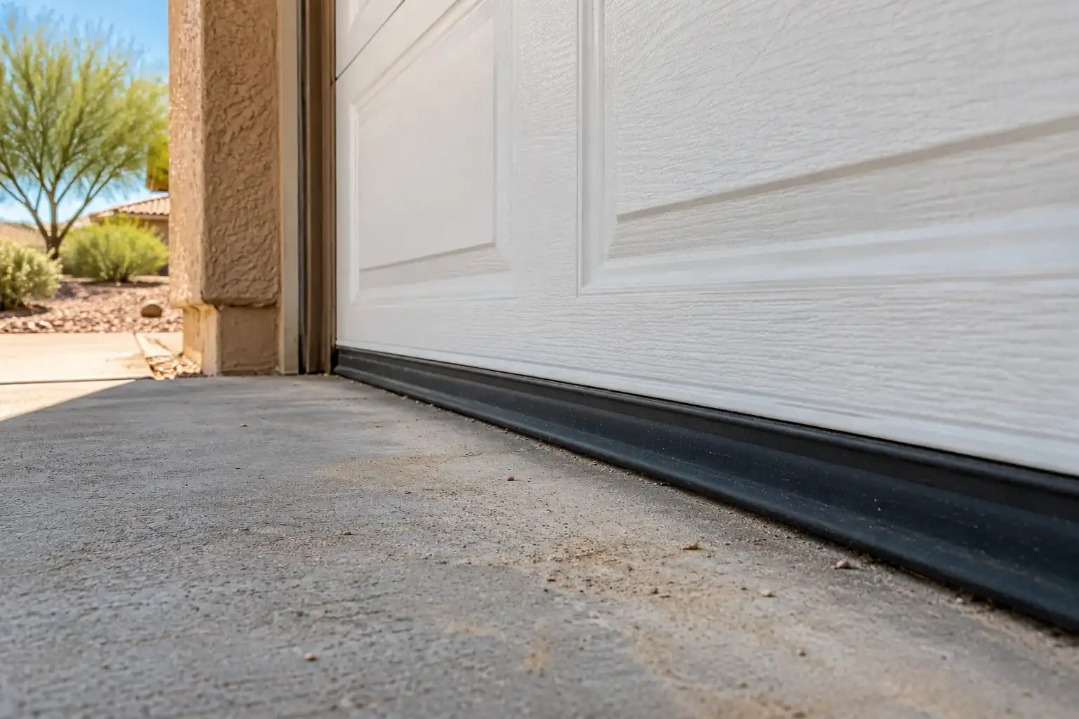 Black rubber weather seal along the bottom of a closed white garage door