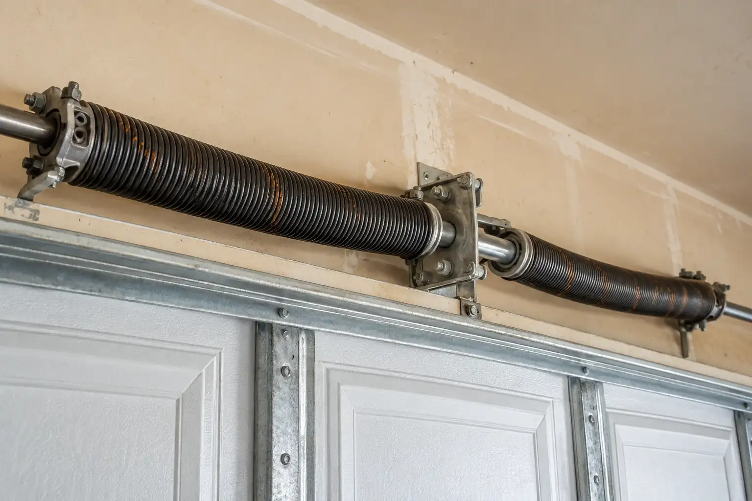 Pair of torsion springs on the steel bar above a closed garage door
