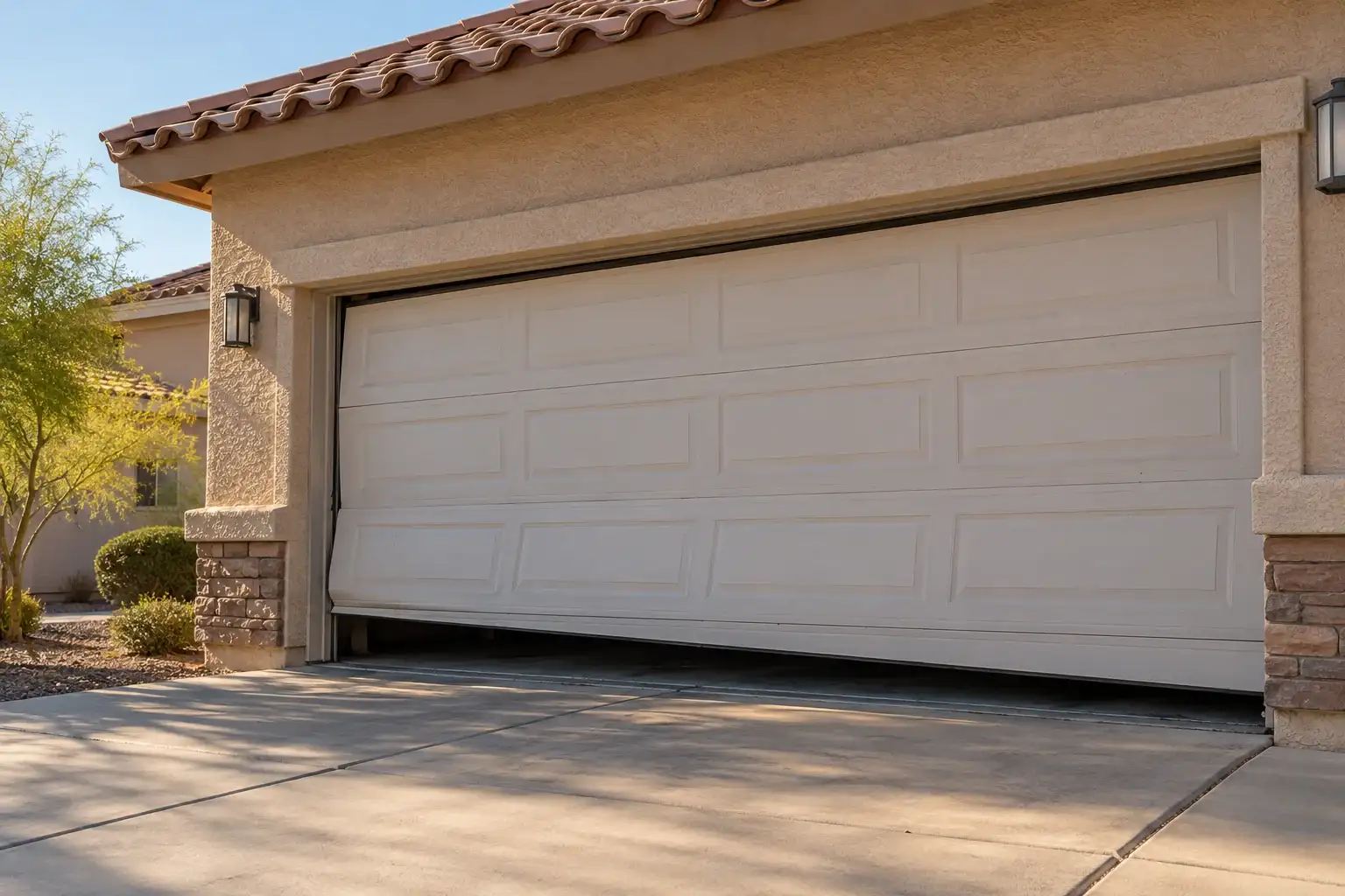 Double garage door sitting crooked in its opening, one side lower than the other