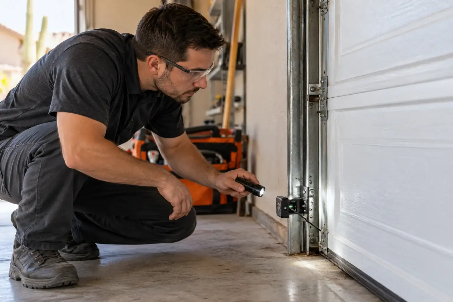 Technician crouched with a flashlight to check the safety sensor at the bottom of a garage door track