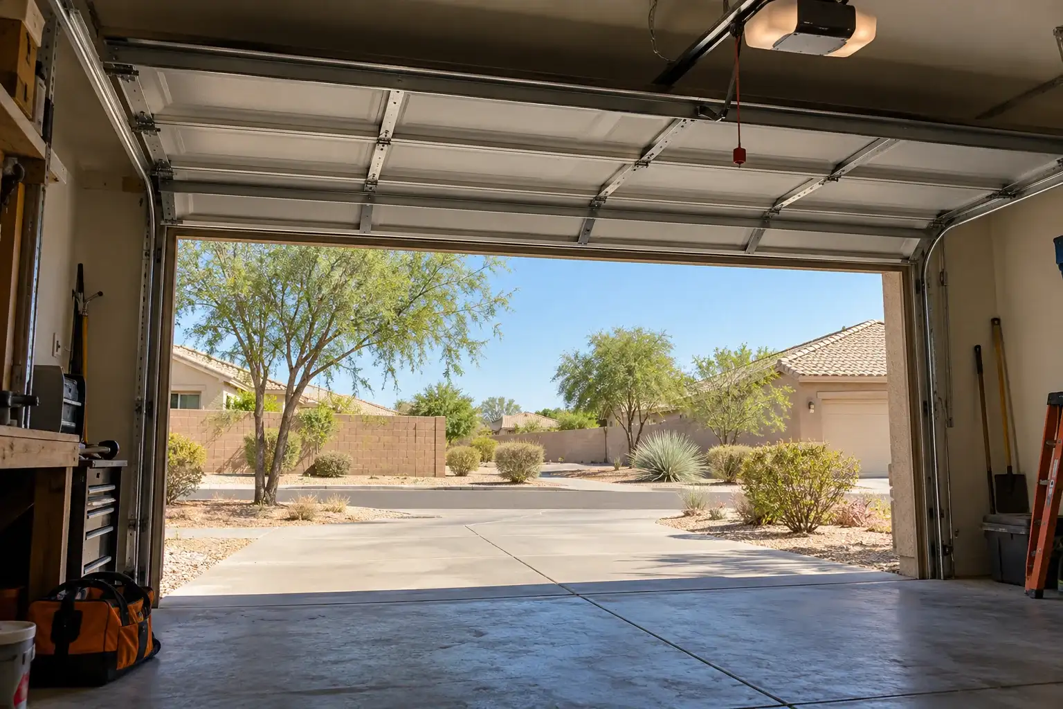 View from inside a garage under a raised door onto a sunny Arizona driveway