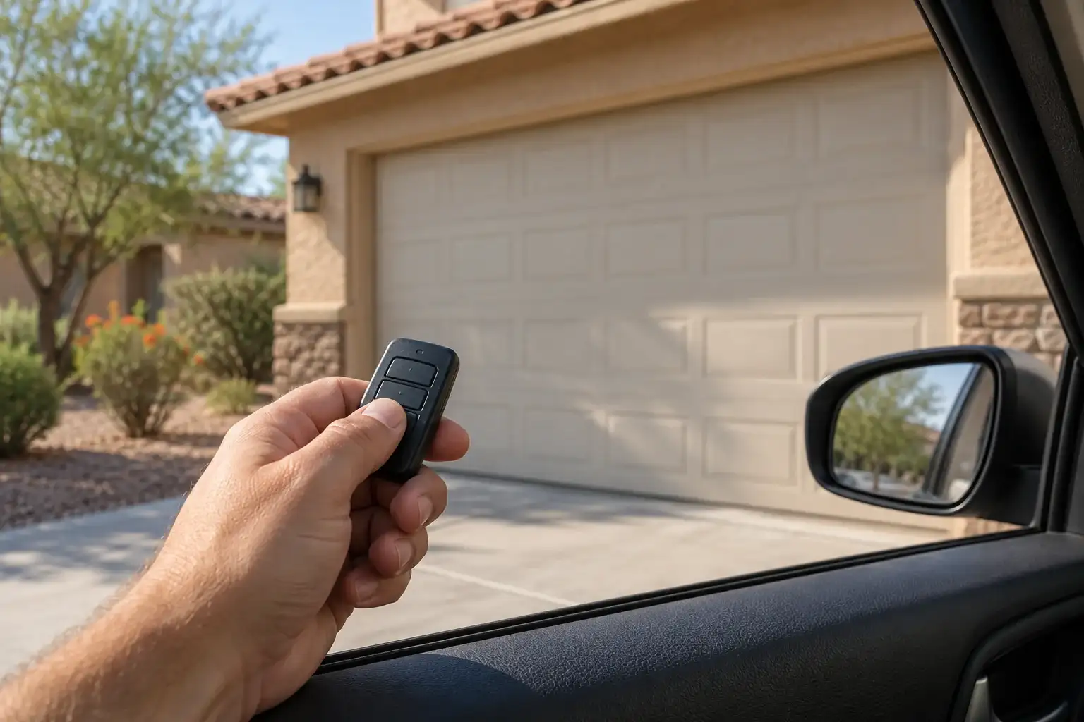 Hand holding a garage door remote from a car window, a closed garage door behind