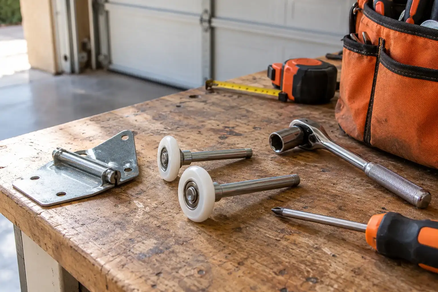 Rollers, a hinge and hand tools on a workbench, seen from above