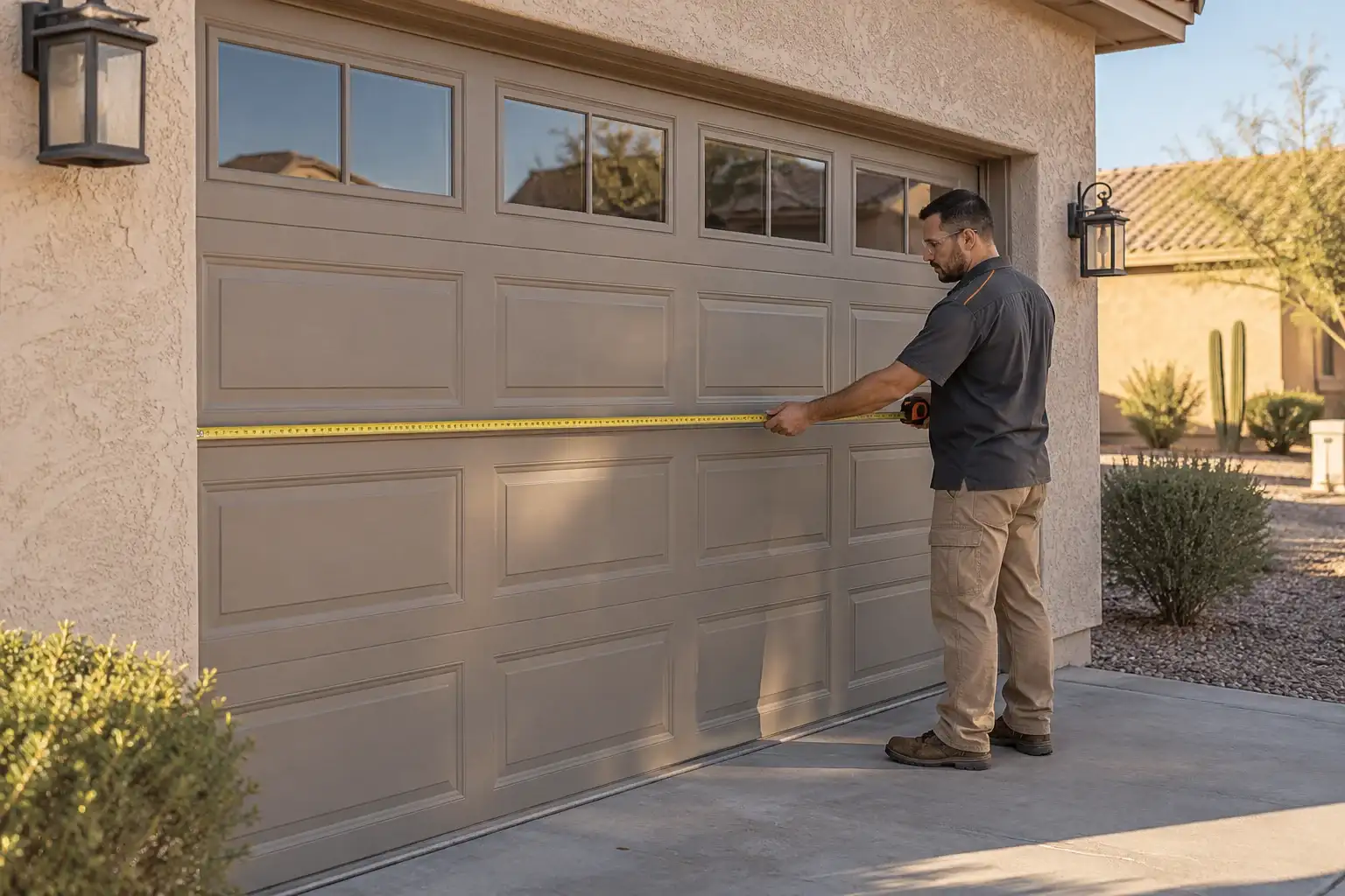 Technician measuring a closed garage door with a tape measure