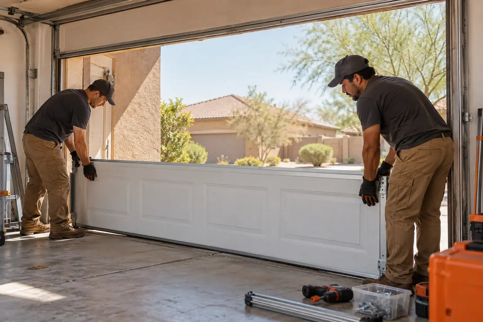 2 technicians setting a new white garage door panel in the opening