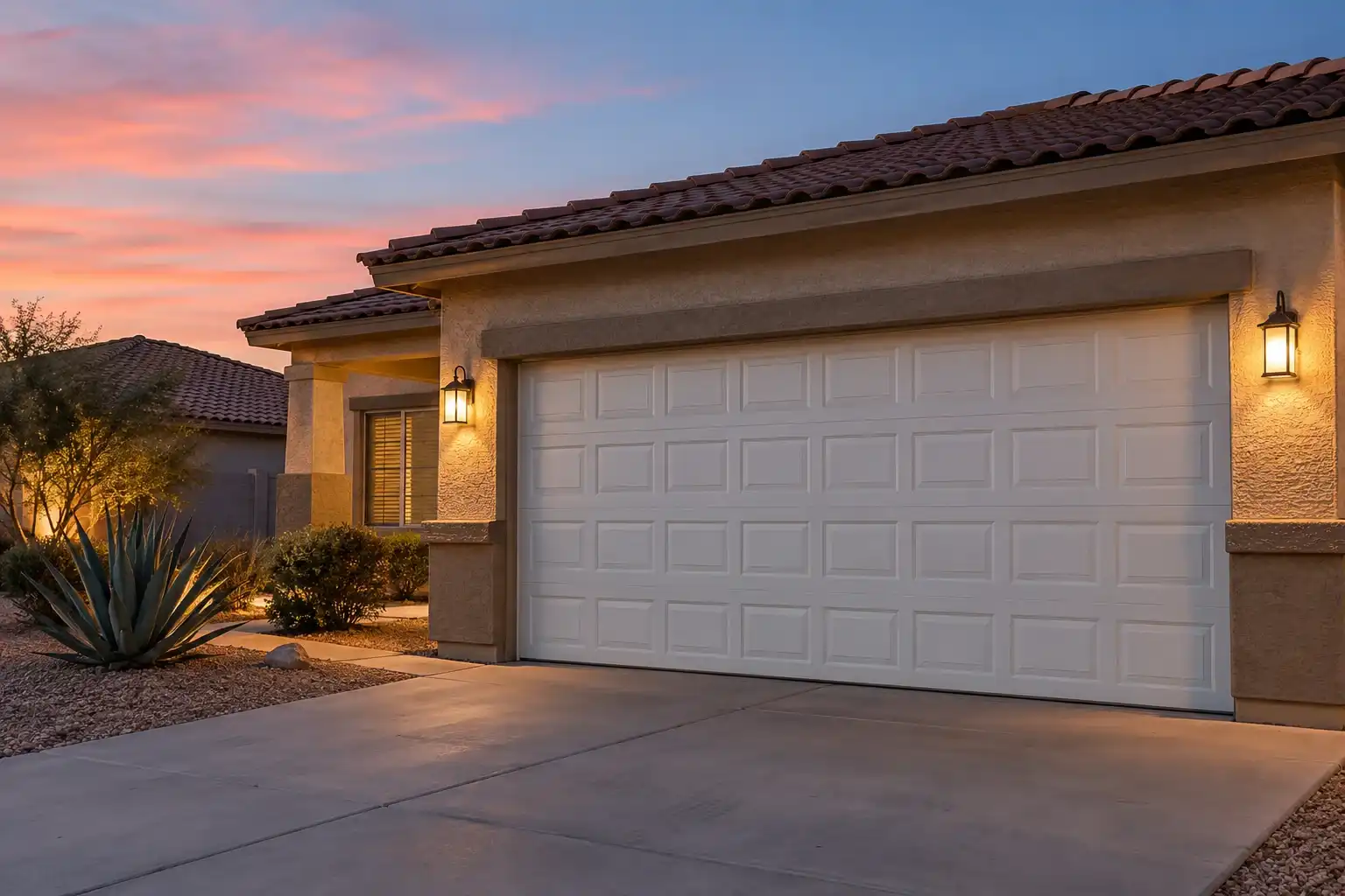 Stucco home at dusk with a white garage door and 2 warm porch lights