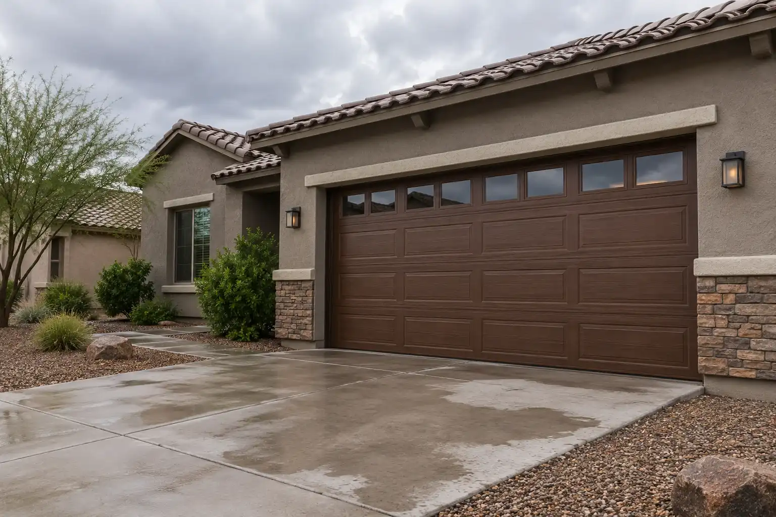 Gray stucco home with a brown woodgrain garage door and a damp driveway after rain